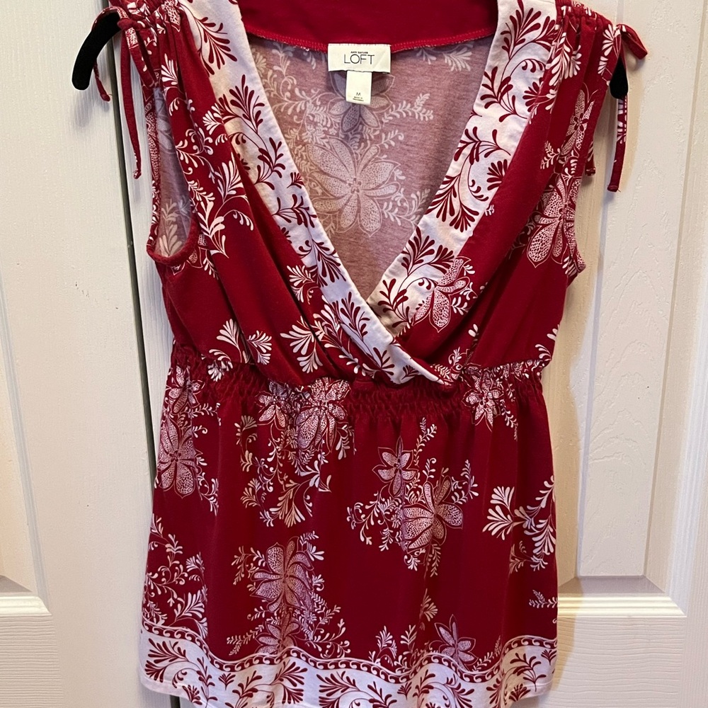 LOFT Burgundy and White Floral Blouse